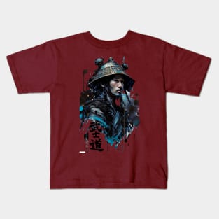 Samurai in Casual Costume with Bushido Calligraphy in Ink Painting Style Kids T-Shirt